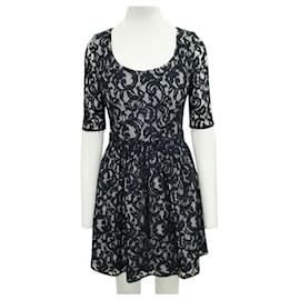 Autre Marque-CONTEMPORARY DESIGNER Checked and Navy Blue Lace Dress with Round Neckline-Navy blue