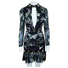 Autre Marque-CONTEMPORARY DESIGNER Black Print Dress with Front Opening and Embellishments-Black