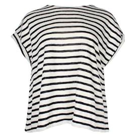 Autre Marque-Contemporary Designer Black and White Striped Linen Top with Buttons-Cream