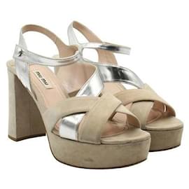 Miu Miu-Miu Miu Beige and Silver Suede Wide Heel Sandals-Multiple colors