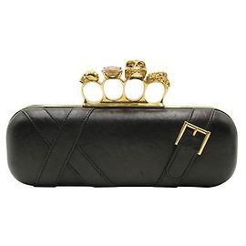 Alexander Mcqueen Black Leather Knuckle Long Clutch with Skull Detail Black