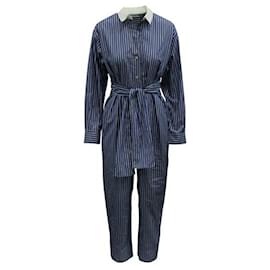 Sandro-Sandro Blue Striped Long Sleeved Jumpsuit With White Collar-Blue
