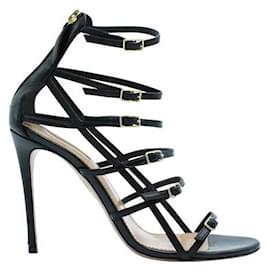 Autre Marque-Contemporary Designer Black Caged Sandals With Golden Buckles-Black