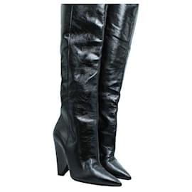 Saint Laurent-Saint Laurent Black Shinny Leather Over The Knee Black Boots-Black