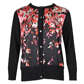 Autre Marque-Contemporary Designer Black Cardigan With Silk Floral Front Panels-Black