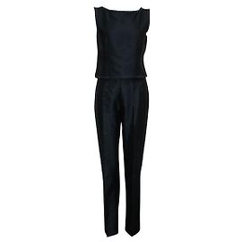 Alberta Ferretti Navy Blue Pant Set With Cream Stitching Navy blue