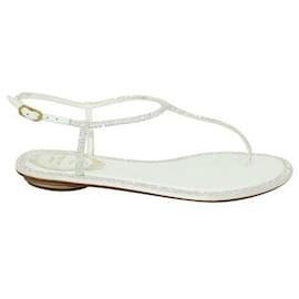 Rene Caovilla-Rene Caovilla White Flat Thong Sandals with Rhinestones-White
