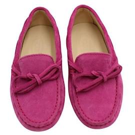 Tod's-Tod'S Laccetto Gommini Junior Suede Pink Loafers-Pink