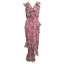 Autre Marque-Saloni Pink Floral Silk Maxi Dress With Frill Neckline-Other