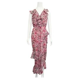 Autre Marque-Saloni Pink Floral Silk Maxi Dress With Frill Neckline-Other