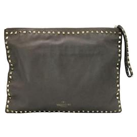Valentino-Valentino Brown Leather Large Rockstud Clutch-Brown
