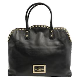 Valentino-Valentino Black Rockstud Dome lined Handle Bag-Black