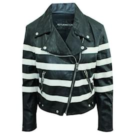 Reformation-Reformation Black And White Striped Leather Jacket-Black
