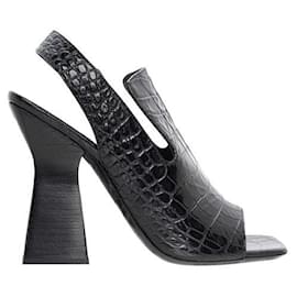 Céline-Celine Croc Embossed Leather Peep Toe Sandals-Black