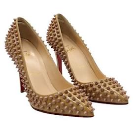 Christian Louboutin-Beige Pigalle 100 Spikes Patent Leather-Beige