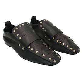 Céline-Black Leather Rivet Loafers-Black