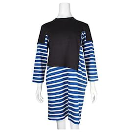 Autre Marque-Vestido de algodón a rayas negras, azules y blancas de diseñador contemporáneo-Negro