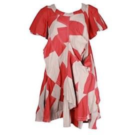 Autre Marque-Zeitgenössisches Designer-Kleid aus Leinenmischung in Beige und Ziegelstein mit Rüschen-Mehrfarben