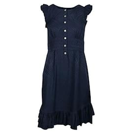 Autre Marque-Contemporary Designer Navy Blue Dress With Buttons And Ruffles-Navy blue
