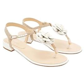 Chanel-Chanel Canvas Leather Camellia Sandals-White