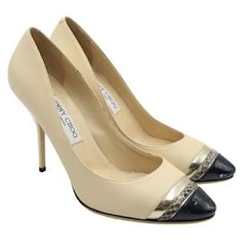 Jimmy Choo-Jimmy Choo Creme High Heels mit Schwarz, Zehe mit Gold- und Schlangenmuster-Roh