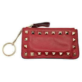 Valentino-Valentino Red Calf Leather Rockstud Card, Coin & Key Pouch-Red