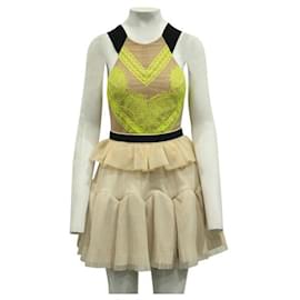 Autre Marque-Contemporary Designer Cream Tiered Dress With Neon Lace-Flesh