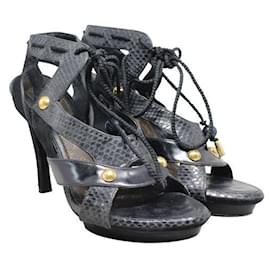 Louis Vuitton-LOUIS VUITTON Black Python Suede Patent Lace High Heel Sandals-Black