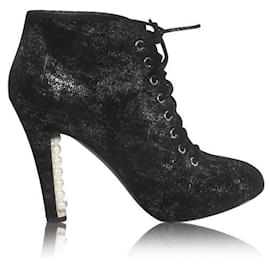 Chanel-CHANEL Black Ankle Boots with Pearls-Black