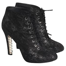 Chanel-CHANEL Black Ankle Boots with Pearls-Black