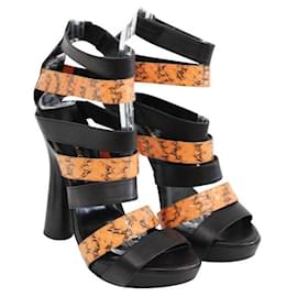 Autre Marque-CONTEMPORARY DESIGNER Black Lather Sandals With Orange Patent Python Strapes-Black