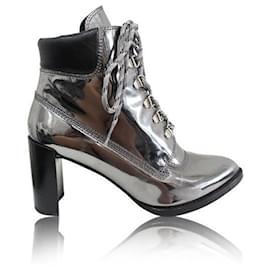 Stuart Weitzman-STUART WEITZMAN Lace-up Metallic Leather Ankle Boots-Silvery