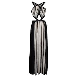 Autre Marque-Vestido largo blanco y negro de diseñador contemporáneo con centro de diamantes-Negro