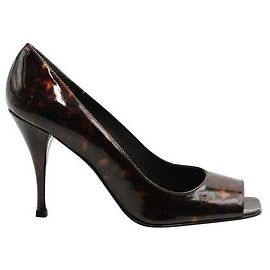 Stuart Weitzman Tortoise Shell Patent Leather Peep Toe Heels Brown