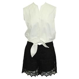 Sandro-Sandro White Short Sleeved Romper With Black Lace Shorts-White