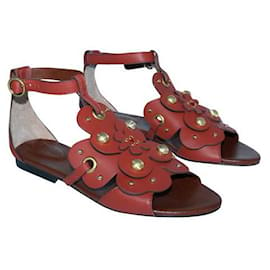 Autre Marque-Contemporary Designer Studded Flat Sandals With Flowers-Brown