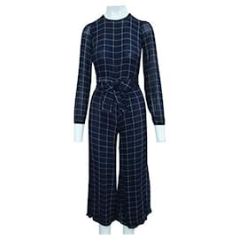 Reformation-REFORMATION Long Sleeved Blue Checked Jumpsuit-Blue