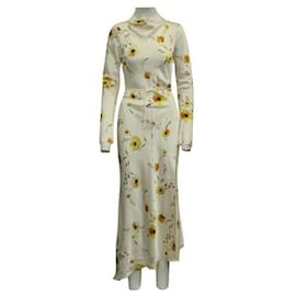 Autre Marque-Contemporary Designer Yellow Satin Floral Print Long Sleeved Dress-Yellow