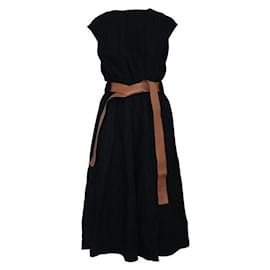 Loewe-Loewe Black Woolen Dress with Brown Leather Belt-Black
