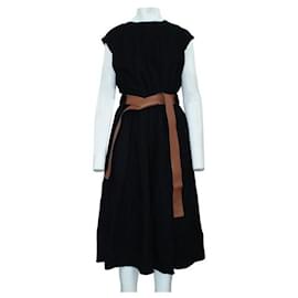 Loewe-Loewe Black Woolen Dress with Brown Leather Belt-Black