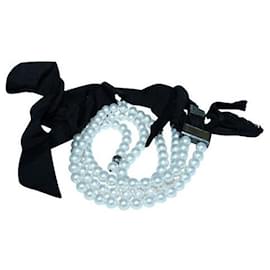 Lanvin-Lanvin Faux Pearls Necklace with Fabric Bows-White