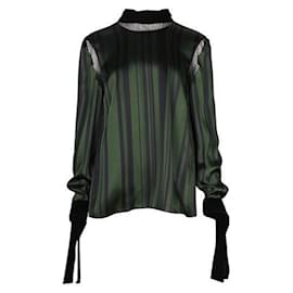 Autre Marque-ADEAM Dark Green Striped Pajama Blouse-Green