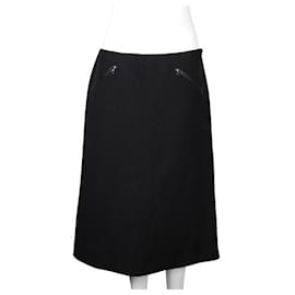 Prada-Prada Straight Midi Wool Skirt Trimmed in Leather-Black