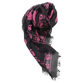 Alexander Mcqueen-Bufanda de calavera de seda negra y rosa-Negro