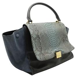 Céline-Blue/Black Python Leather and Suede Trapeze Bag-Blue