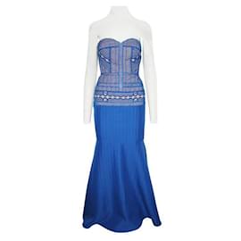 Autre Marque-CONTEMPORARY DESIGNER Strapless Blue Embroidered Dress-Blue