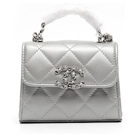 Chanel-Mini sac à bandoulière avec poignée supérieure en cuir d'agneau Chanel AP3236-Gris