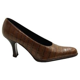 Autre Marque-CONTEMPORARY DESIGNER Brown Leather Embossed Vintage Heels-Brown