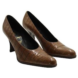 Autre Marque-CONTEMPORARY DESIGNER Brown Leather Embossed Vintage Heels-Brown