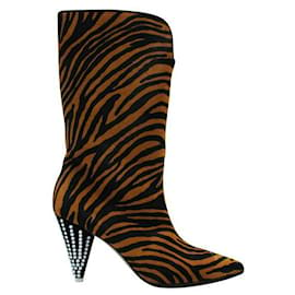 Autre Marque-Contemporary Designer Brown Zebra Ponyhair Boots With Crystal Heels-Other